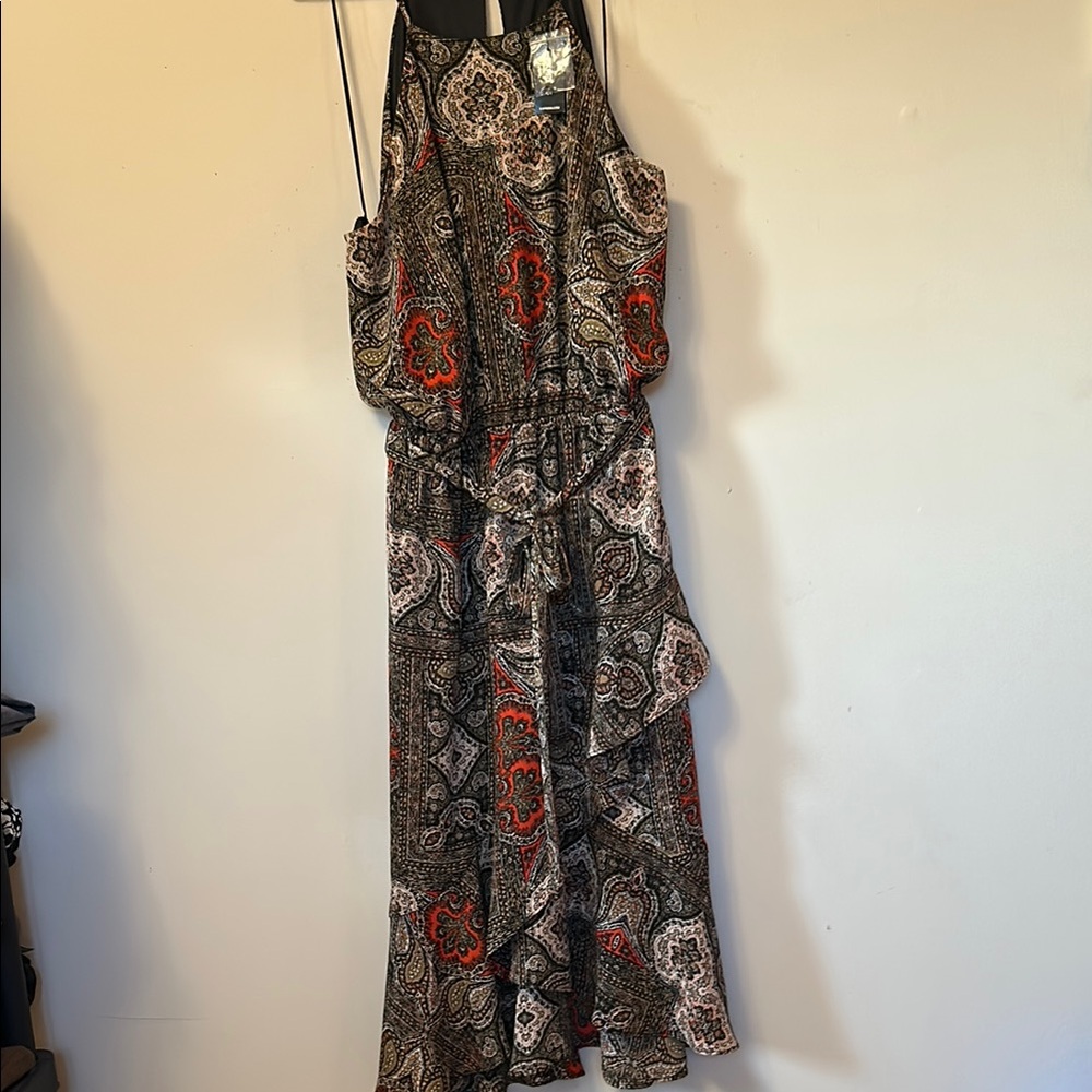 Express brown/black/red sundress string straps layered skirt tie belt size L